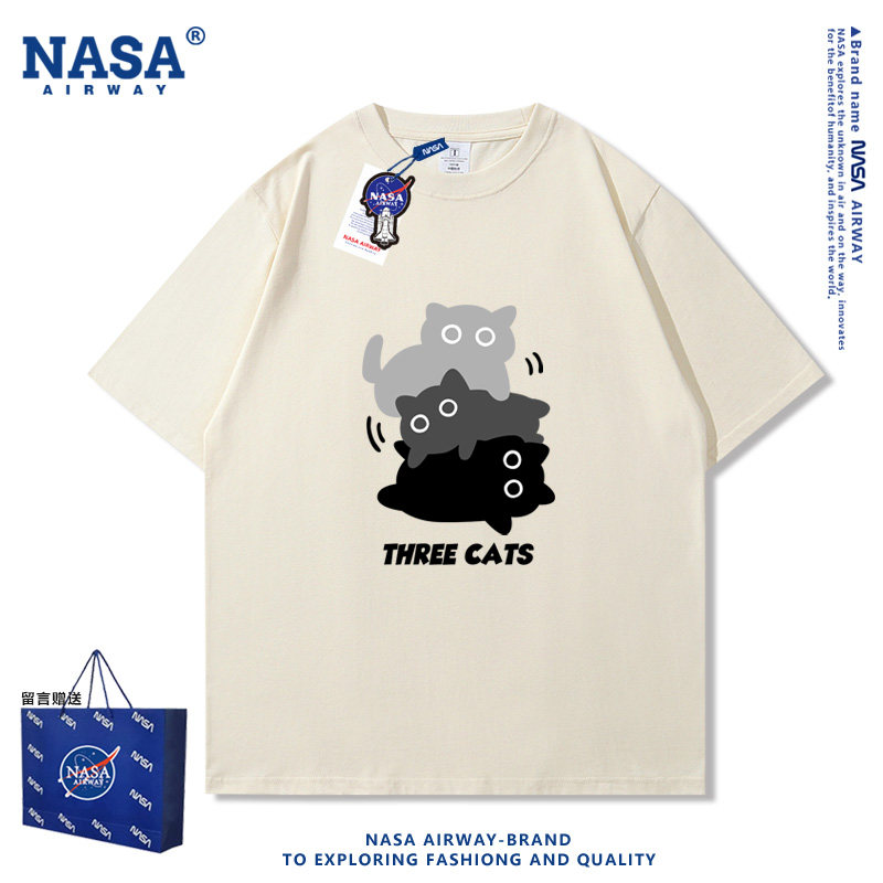 NASA三只小猫叠叠乐港风休闲潮牌纯棉短袖男女卡通图案半袖T恤夏