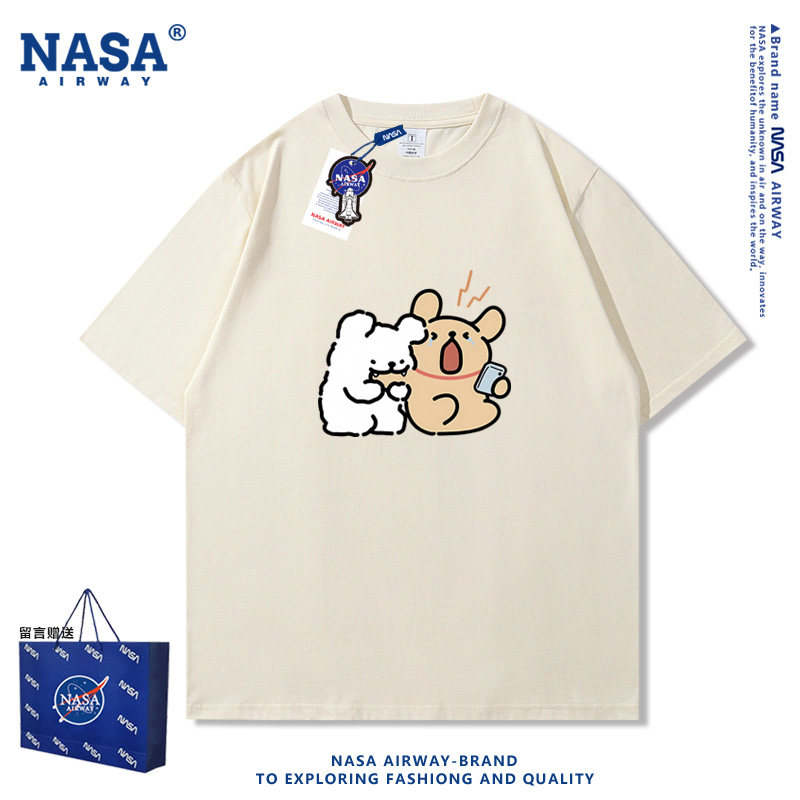 NASA联名小白狗小金毛趣味卡通图案纯棉短袖T恤夏季半袖上衣服潮