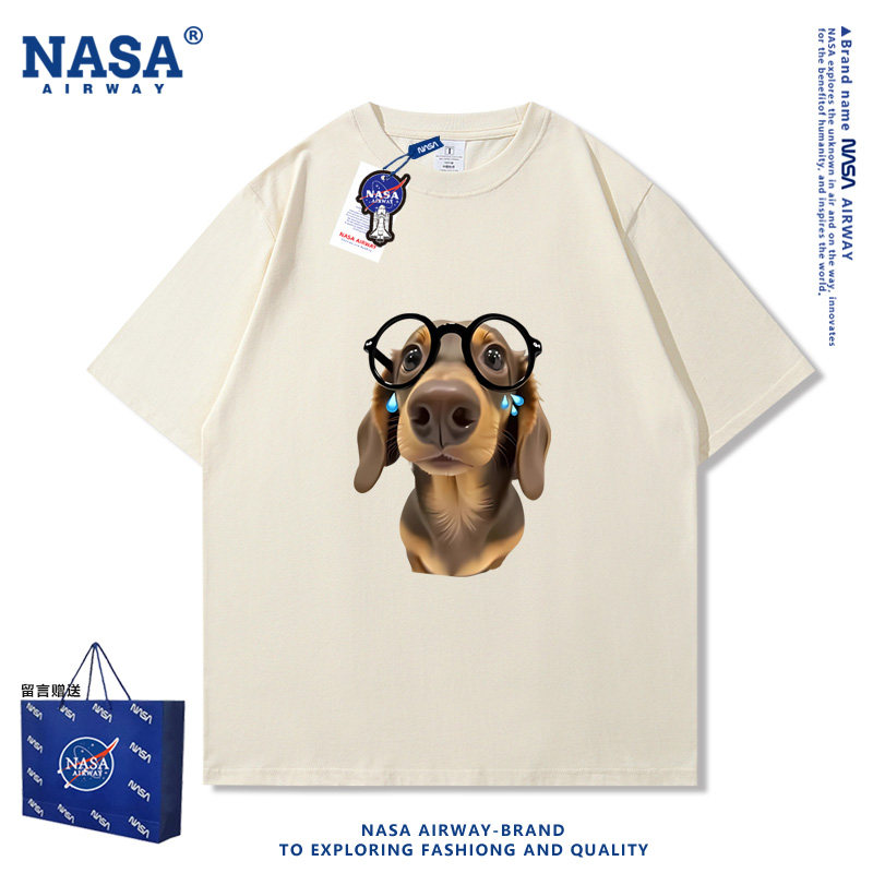NASA联名腊肠狗趣味表情包卡通图案男女纯棉短袖夏季半袖T恤上衣