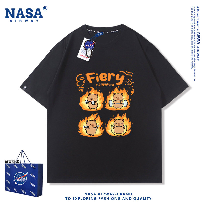 NASA AW水豚健身趣味图案纯棉短袖男女生半袖T恤夏季上衣服新款