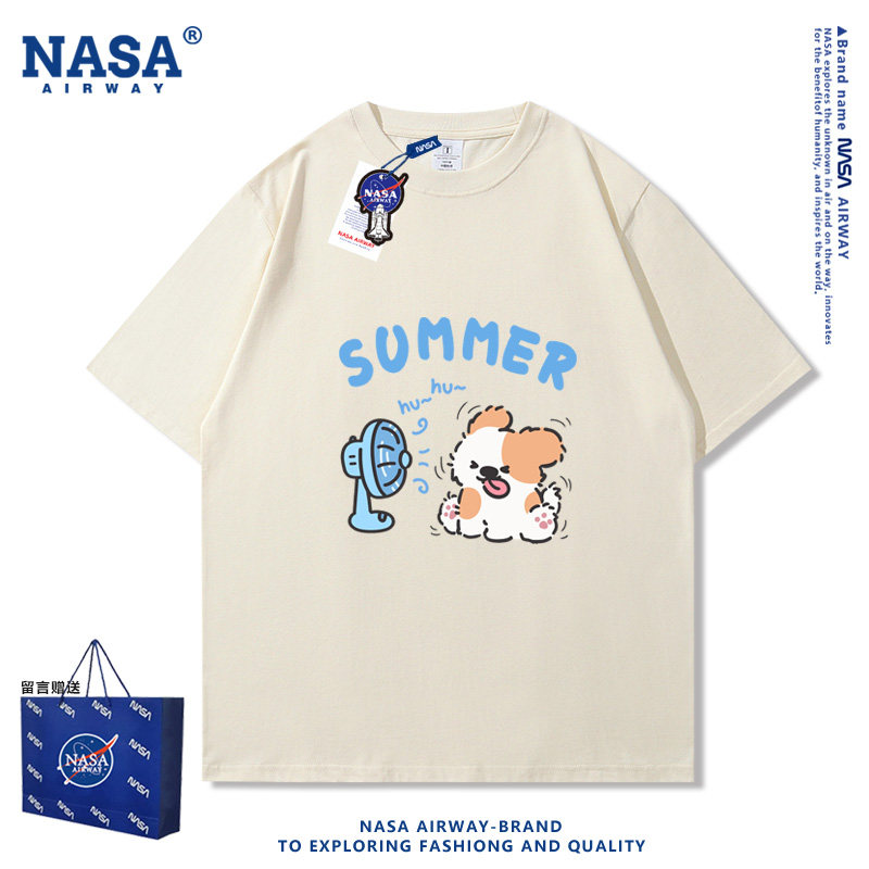NASA联名吹风小猫小狗日系卡通小清新男女纯棉短袖圆领半袖T恤夏