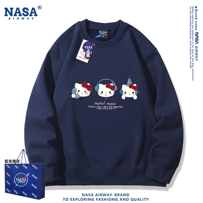 NASA联名卡通猫图案日系表情包印花周边男女秋冬圆领卫衣套头上衣