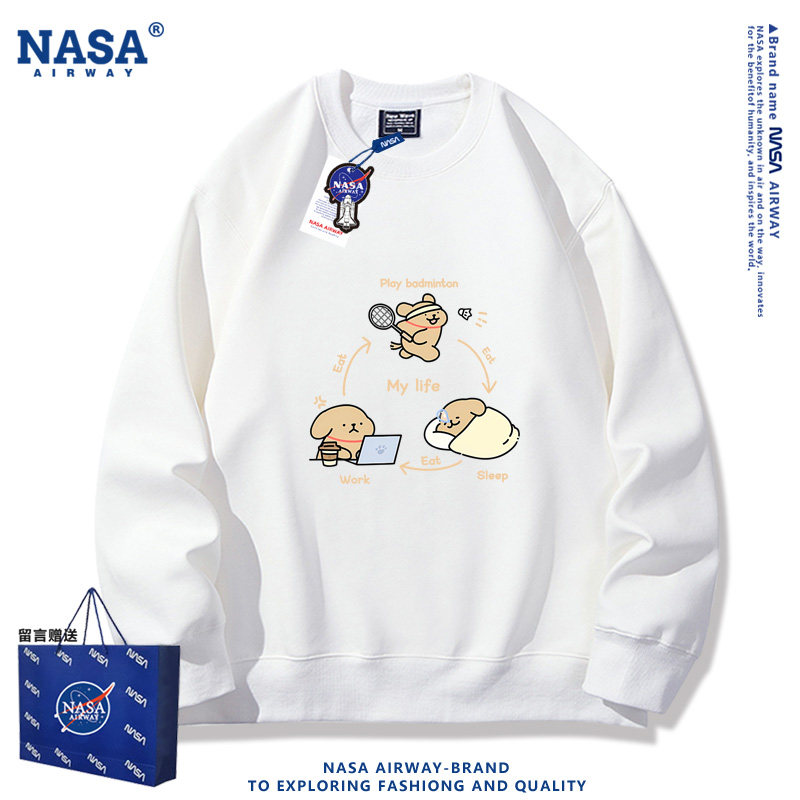NASA AW小白狗小金毛打羽毛球三点一线圆领卫衣男女春秋薄款长袖