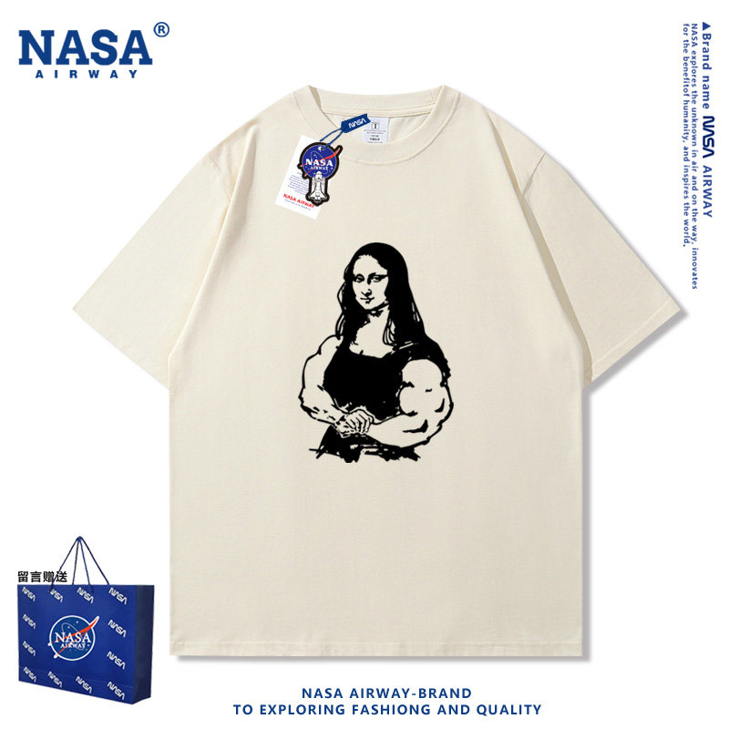 NASA AW恶搞肌肉线条蒙娜丽莎趣味图案男女纯棉短袖T恤夏季半袖潮