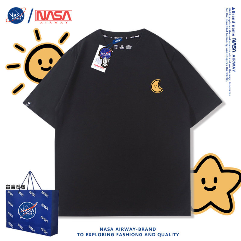 NASA潮牌太阳月亮星星卡通纯棉短袖T恤夏季新款男女生亲子装半袖