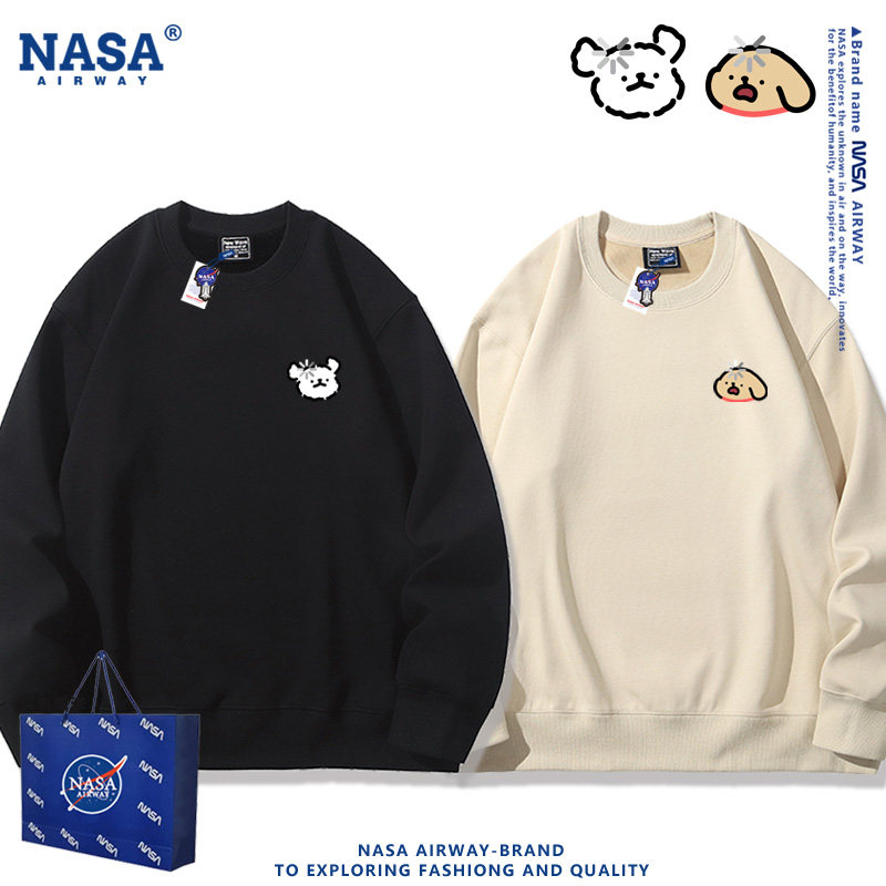 NASA联名小白狗小鸡毛卡通图案加载中情侣男女圆领卫衣春秋上衣服