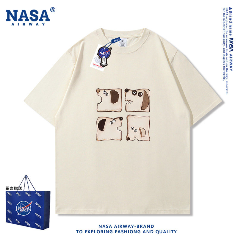 NASA联名趣味抽象卡通图案面包狗狗纯棉短袖T恤夏季半袖上衣新款