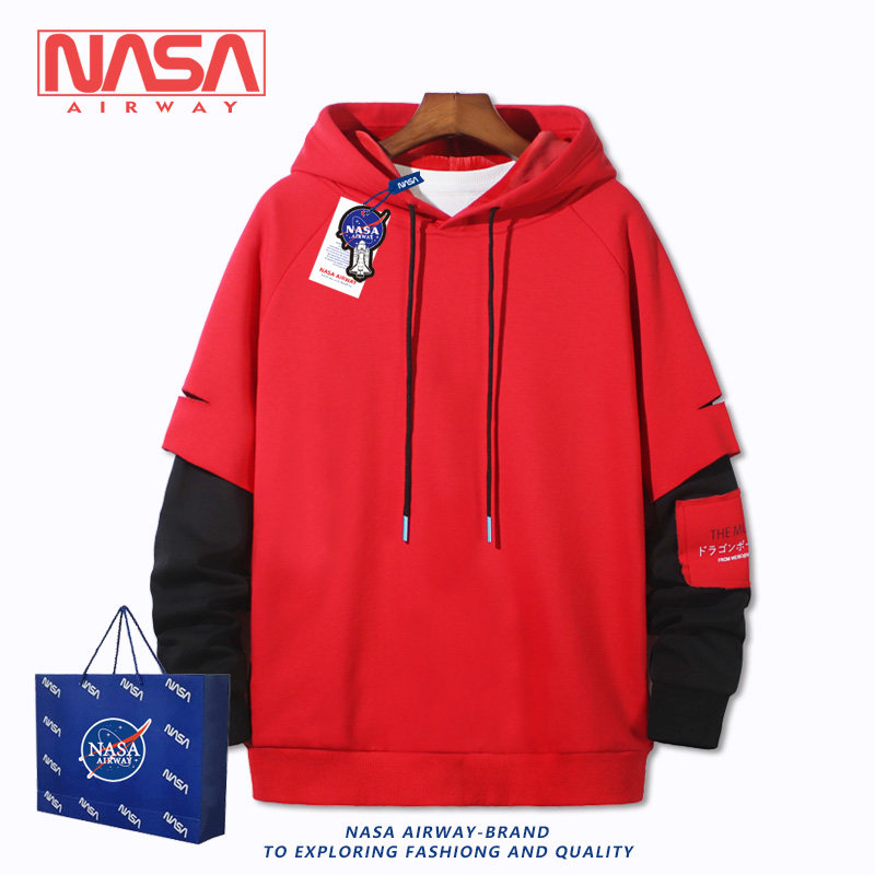 NASA正品潮牌假两件连帽卫衣红色