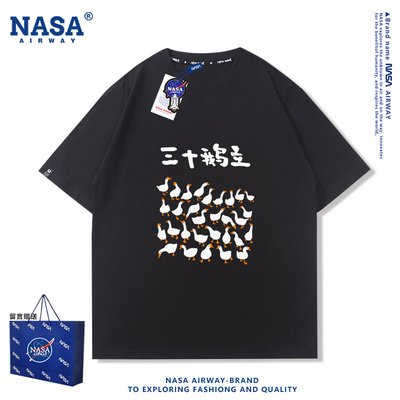 NASA联名新款半袖三十鹅立而立二十鹅已纯棉短袖男生卡通宽松上衣