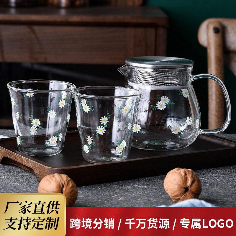 小清新菊花玻璃水具家用透明玻璃水杯公室餐厅杯子水壶组合套装
