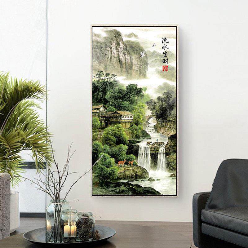 中式客厅进门过道墙面山水画玄关装饰画竖版挂画流水的生财风景画