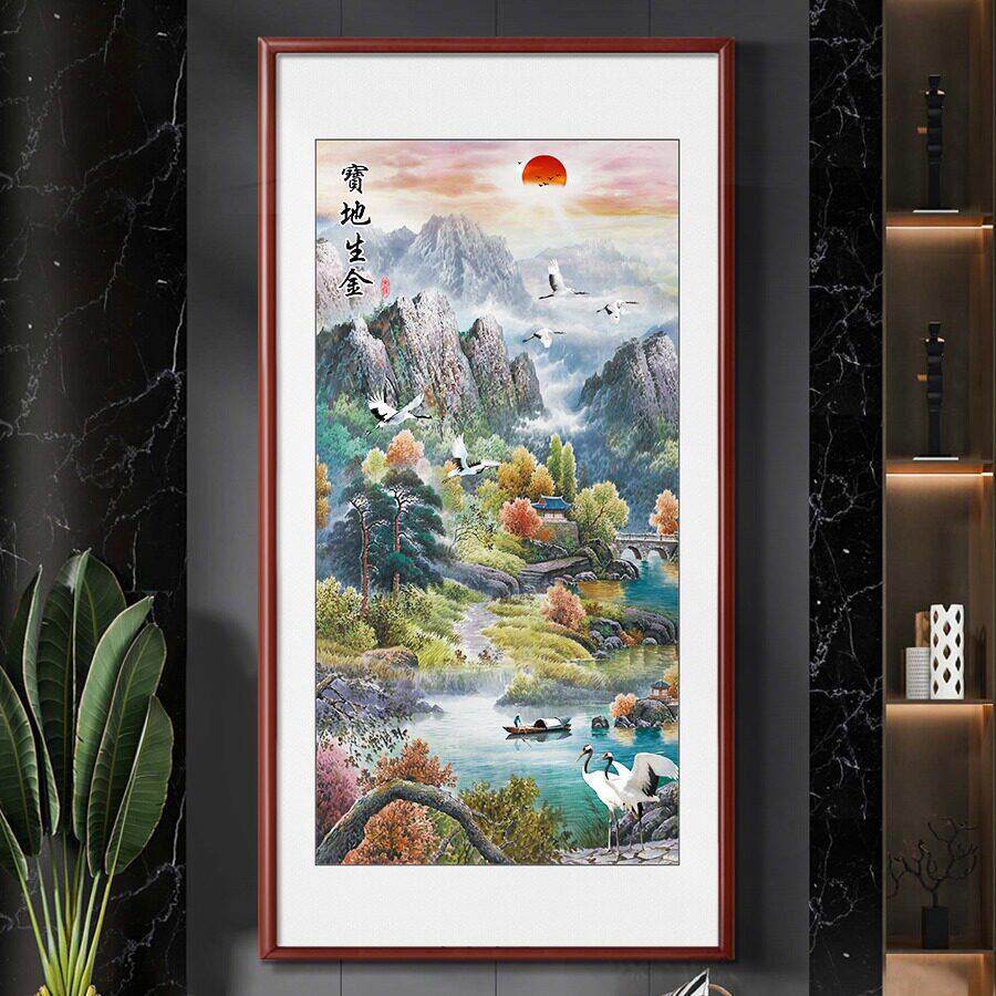 新中式玄关装饰画紫气东来山水画竖版入户挂画走廊过道可壁画