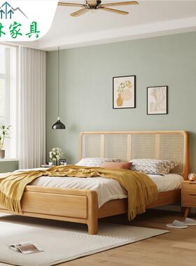 中古风复古黑色实木藤编床1.8m双人床侘寂风民宿一米五卧室单人床