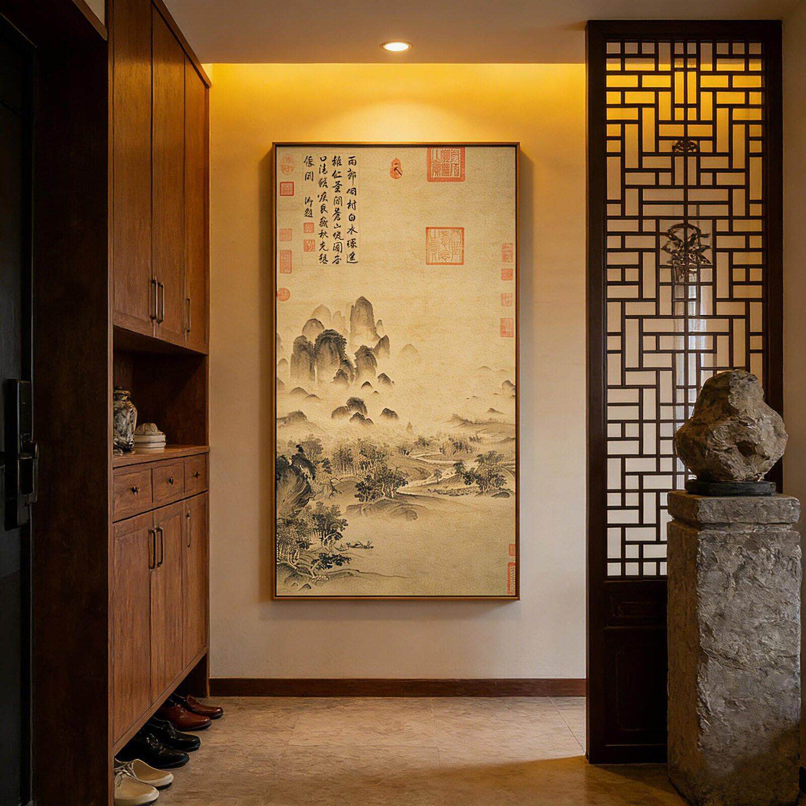 新中式入户玄关山水画竖版挂画客厅过道装饰画禅意茶室书房壁画