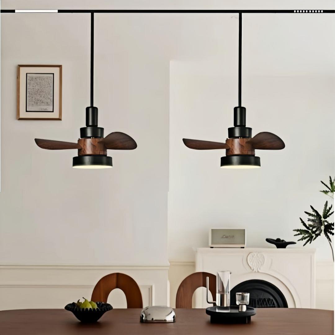 风扇灯胡桃木色复古吊扇灯可移动磁吸轨道中古风餐吊灯风扇灯一体