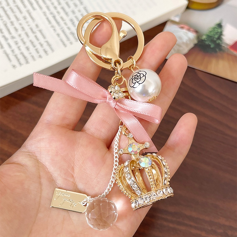 创意新款韩版金属镶钻皇冠钥匙扣挂件珍珠蝴蝶结钥匙链包包女