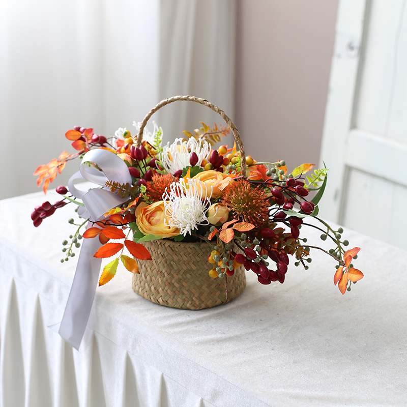欧式藤编手提花篮花艺套装餐桌摆件花卉婚礼摄影道具跳舞篮绢花
