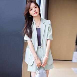 西装 宽松职业套装 外套女夏季 气质工作服高级感两件套短裤 薄款 短袖