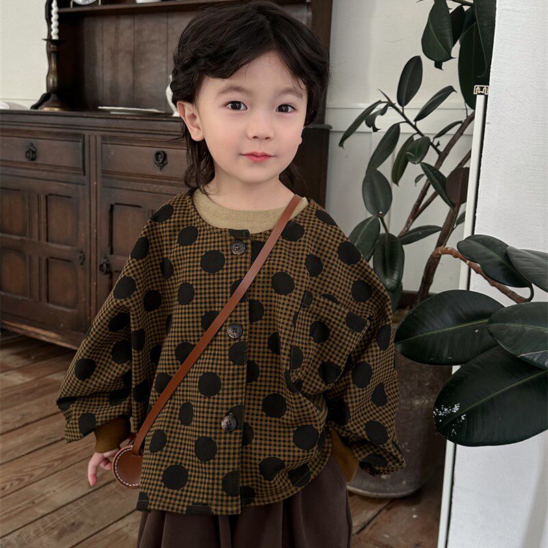 暮晨家新款秋装2024男童圆领波点长袖衬衫中小童森系洋气外套夹克