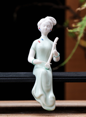 精品青瓷手工仕女陶瓷禅意博古架电视柜中式人物家居装饰品小摆件