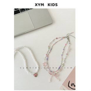 粉色郁金香蝴蝶结儿童珍珠项链双层叠戴颈链可爱公主饰品宝宝配饰