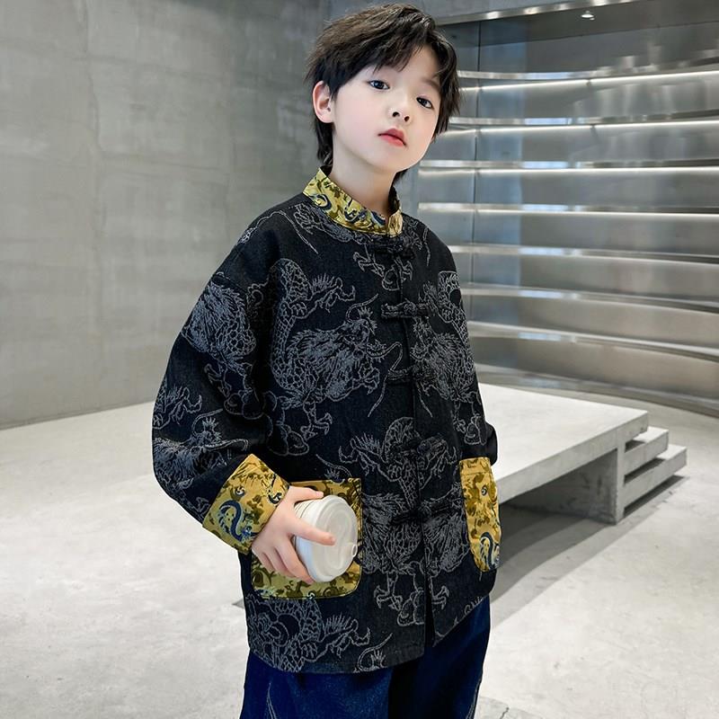男童唐装国风牛仔外套春秋新款儿童新中式汉服上衣大童男孩秋装潮图片