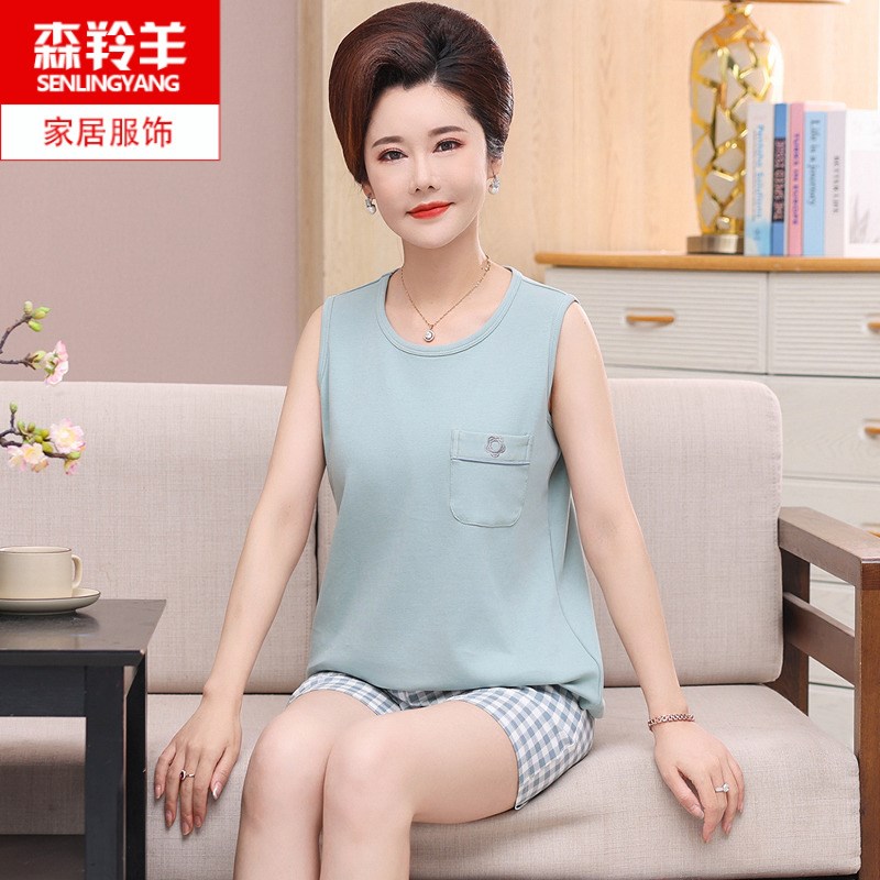 睡衣夏季女款中年人妈妈无袖背心短裤可外穿休闲大码家居服套装薄