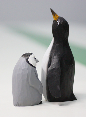 包邮 鹿妖商店 企鹅木雕 帝企鹅宝宝 摆件  手工 实木雕刻