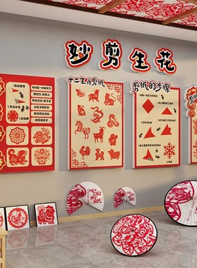 幼儿园环创非遗传统文化主题墙面装饰马新年剪纸布置成品走廊场景