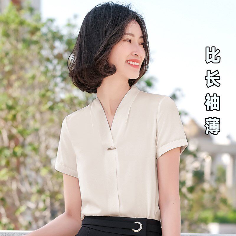 缎面V领衬衫女秋季长袖气质上衣套头打底衫面试工作服职业白衬衣