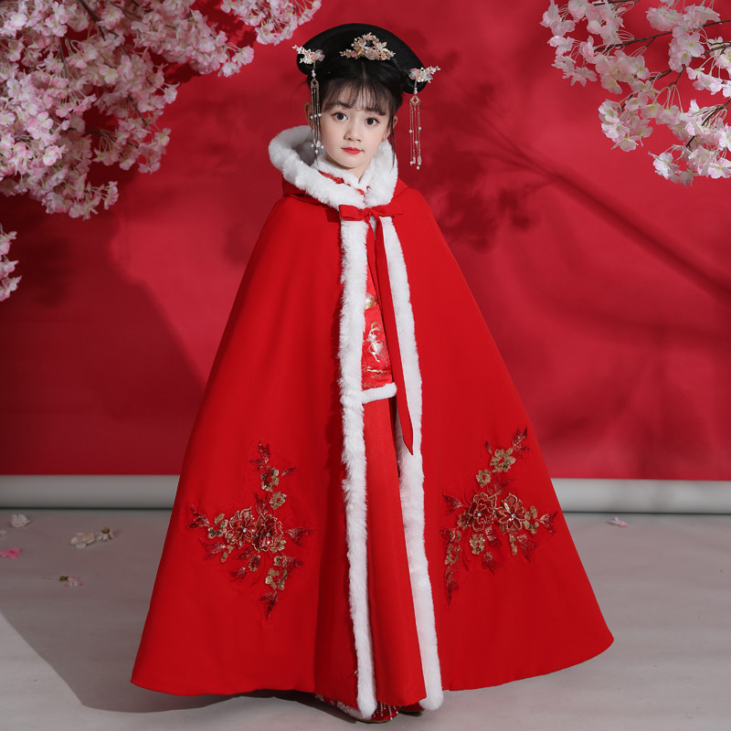 儿童斗篷秋冬季外出女童古装汉服外套加绒加厚保暖小女孩披风红色