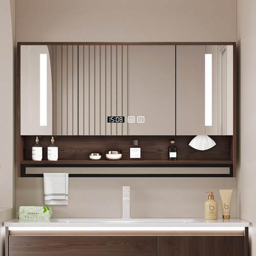 可定制尺寸款式深胡桃色浴室智能镜柜卫生间单独镜子收纳柜挂墙式