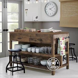 美式 复古实木大理石餐边柜现代厨房中岛台料理备餐桌收纳柜操作台