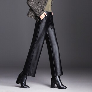 秋冬加厚皮裤阔腿裤女九分裤加绒高腰宽松直筒PU皮裤长裤大码外穿
