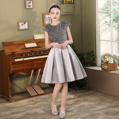 高端女童钢琴礼服灰色亮片长款演出服公主裙儿童主持人走秀表演服