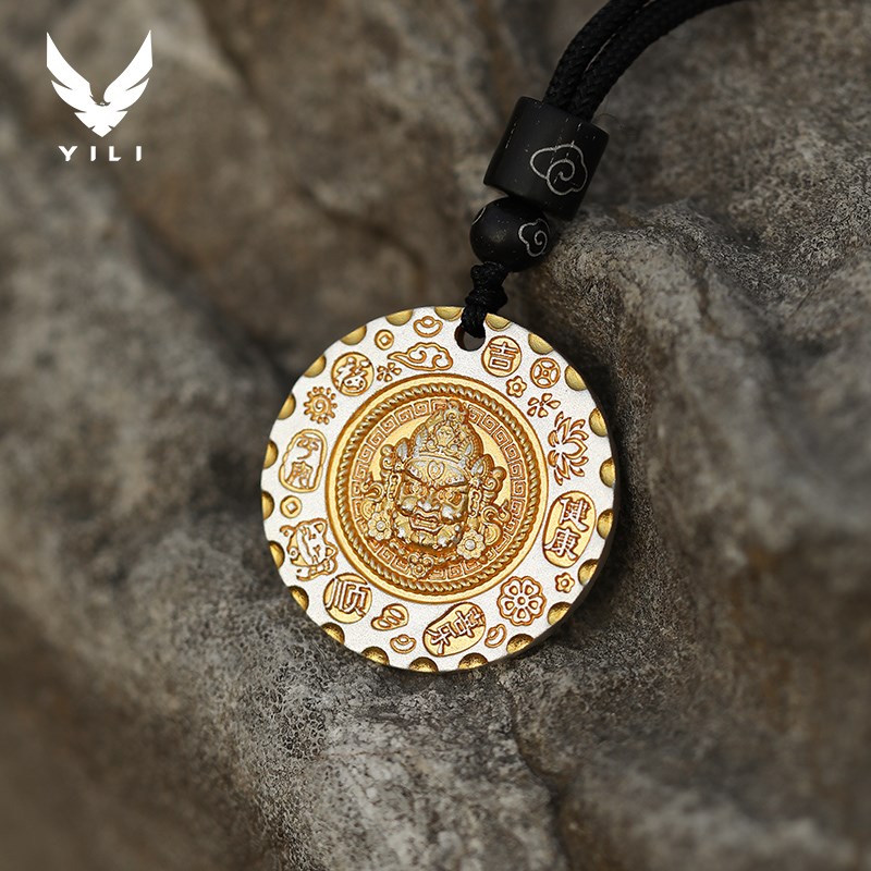 黄财神男生装饰项链男款纯银999 男士本命年吊坠新中式男银饰