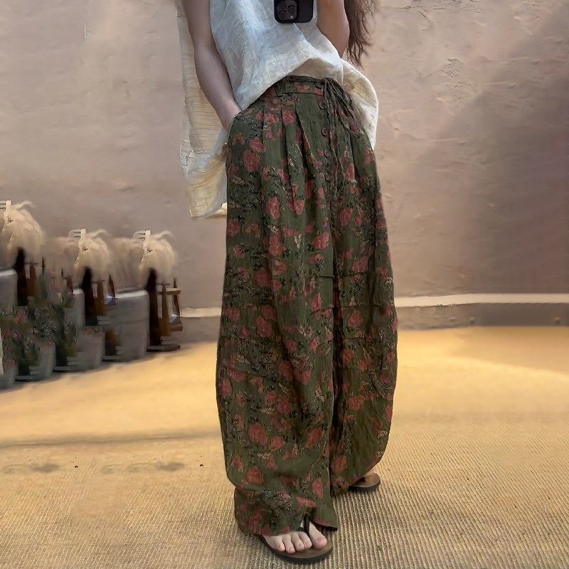 新中式复古绿色印花设计感阔腿裤女2025夏季新款系带棉麻大码长裤,女装/女士精品,大码裤装,淘宝优惠券,粉丝福利购,淘宝优惠卷