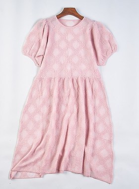 224纯色蕾丝泡泡短袖连衣裙女76693韩版镂空钩花圆领高腰公主长裙