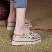 方头系带复P古豹纹平底镂空拖鞋 2024春夏新款 厘米厚底凉鞋 高跟7