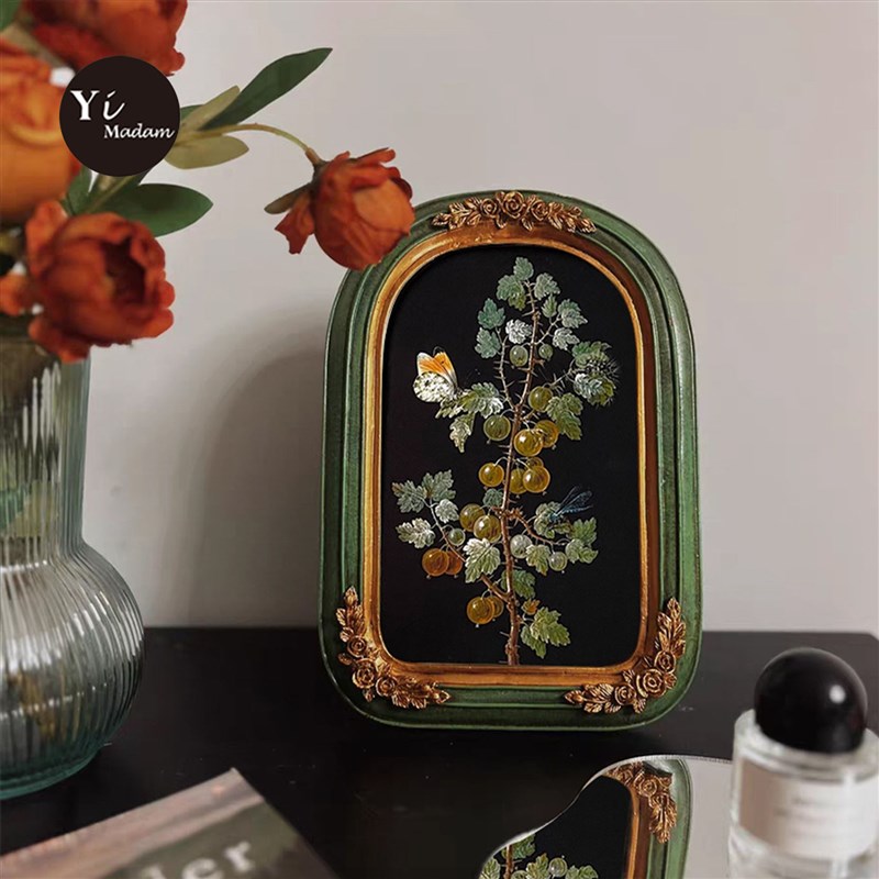 中古小众古典复古怀m旧装饰画法式植物花卉拱形框美式挂画餐厅摆图片