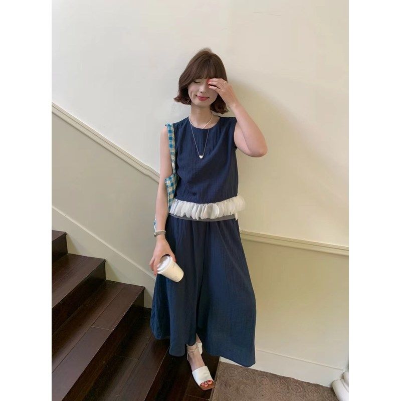 日了个韩甜美简约拼接花瓣边下摆棉麻背心上衣+七分阔腿裤套装,女装/女士精品,时尚套装,淘宝优惠券,粉丝福利购,淘宝优惠卷