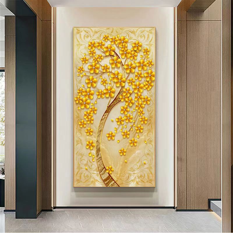 发财树玄关挂画2024新款高端走廊尽G头装饰画晶瓷镶钻5D立体壁画图片