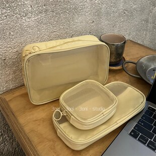 好能装!奶油黄网纱化妆包化旅游D透气口号刷子收纳包带独立隔层