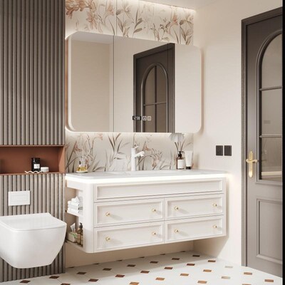 陶瓷一体盆法式奶油风橡木浴室柜组合侧边收纳洗漱台洗手脸盆定制