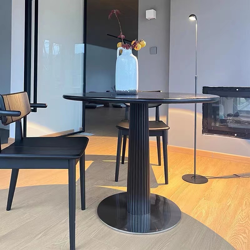 实木复古圆形餐桌简约纯黑小户型德利丰岩板圆桌家用饭桌洽谈桌