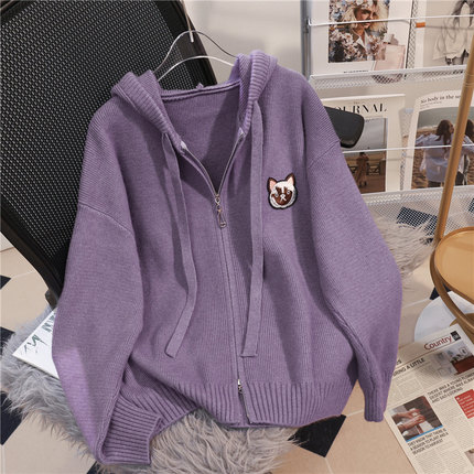 加厚拉炼连帽毛衣女士厚T恤宽松大尺码慵懒风软糯减龄秋冬针织衫