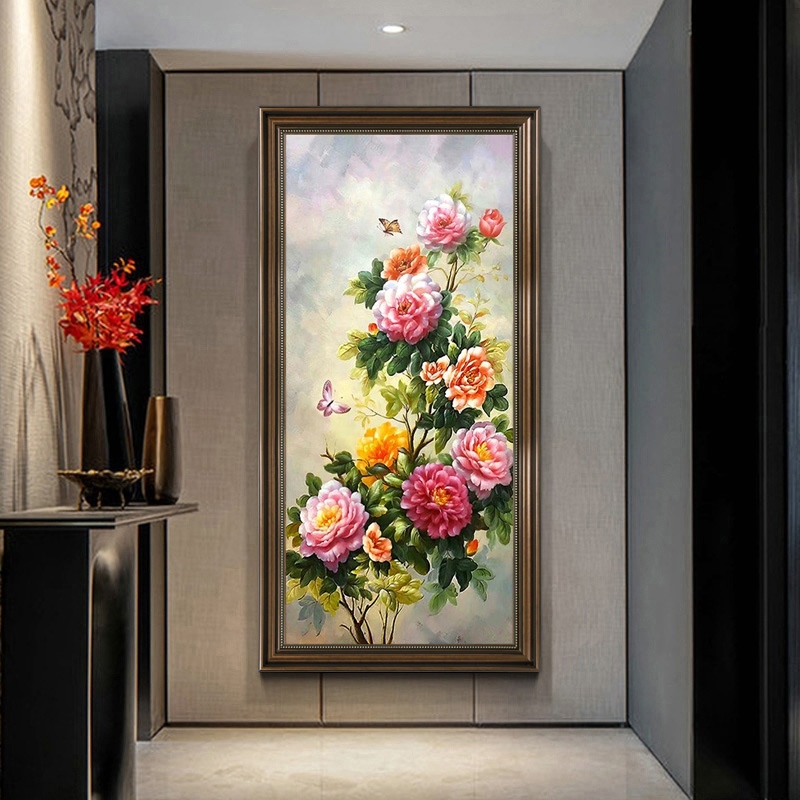 定制美式富贵花开玄关装饰画高档油画牡丹竖版客厅过X道背景墙走图片