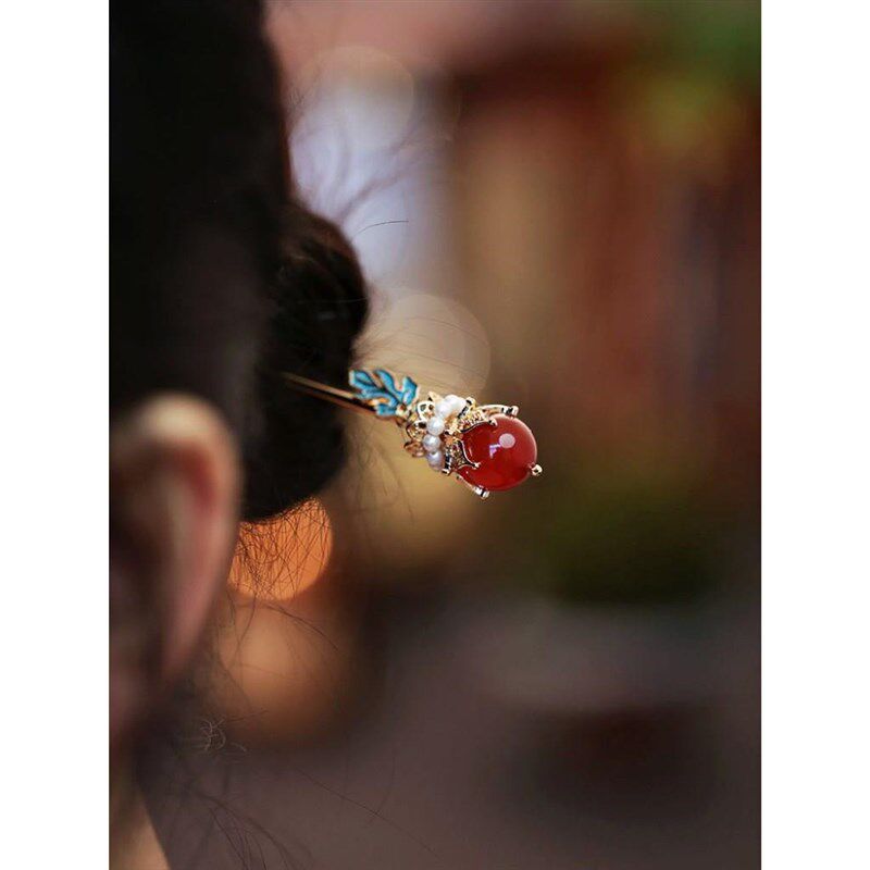 2023新款发簪通勤挽发簪子高级古风感女现代红色发钗X旗袍盘发发