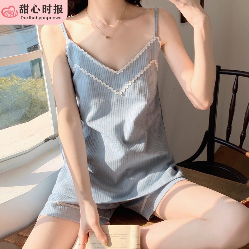 睡衣女夏季薄款吊带短袖纯棉春秋可爱网红爆款家居服两件套装蓝色