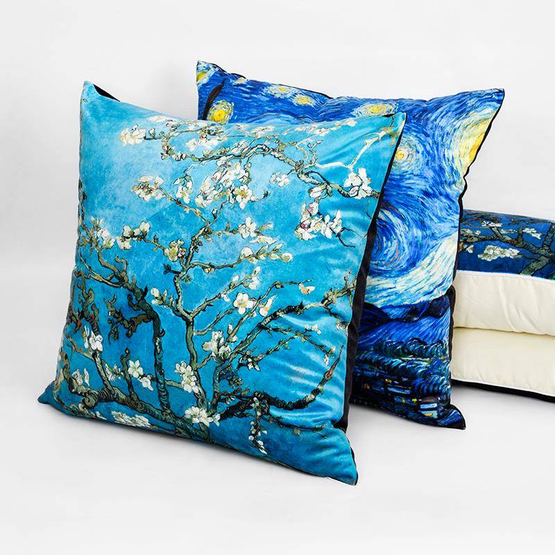 梵高抱枕被子两用艺术美式油画丝绒靠垫杏花向日葵星空靠枕